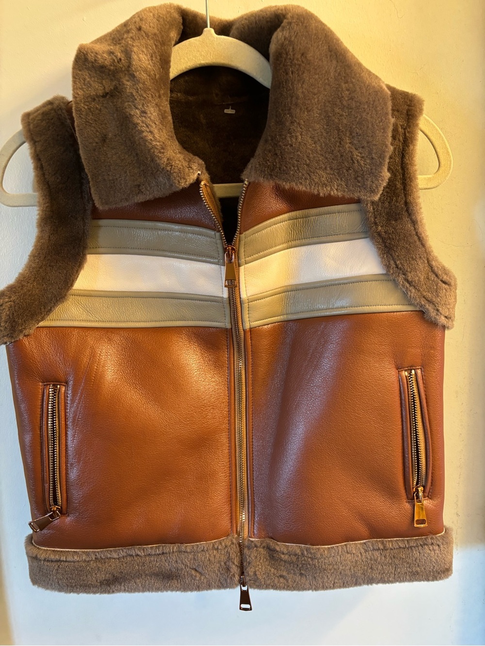 Cognac Leather Shearling Zip Vest with Neutral Stripes